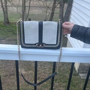 REBECCA MINKOFF Black Beige Raffia Overlap Geometric Design Fringe Crossbody Bag